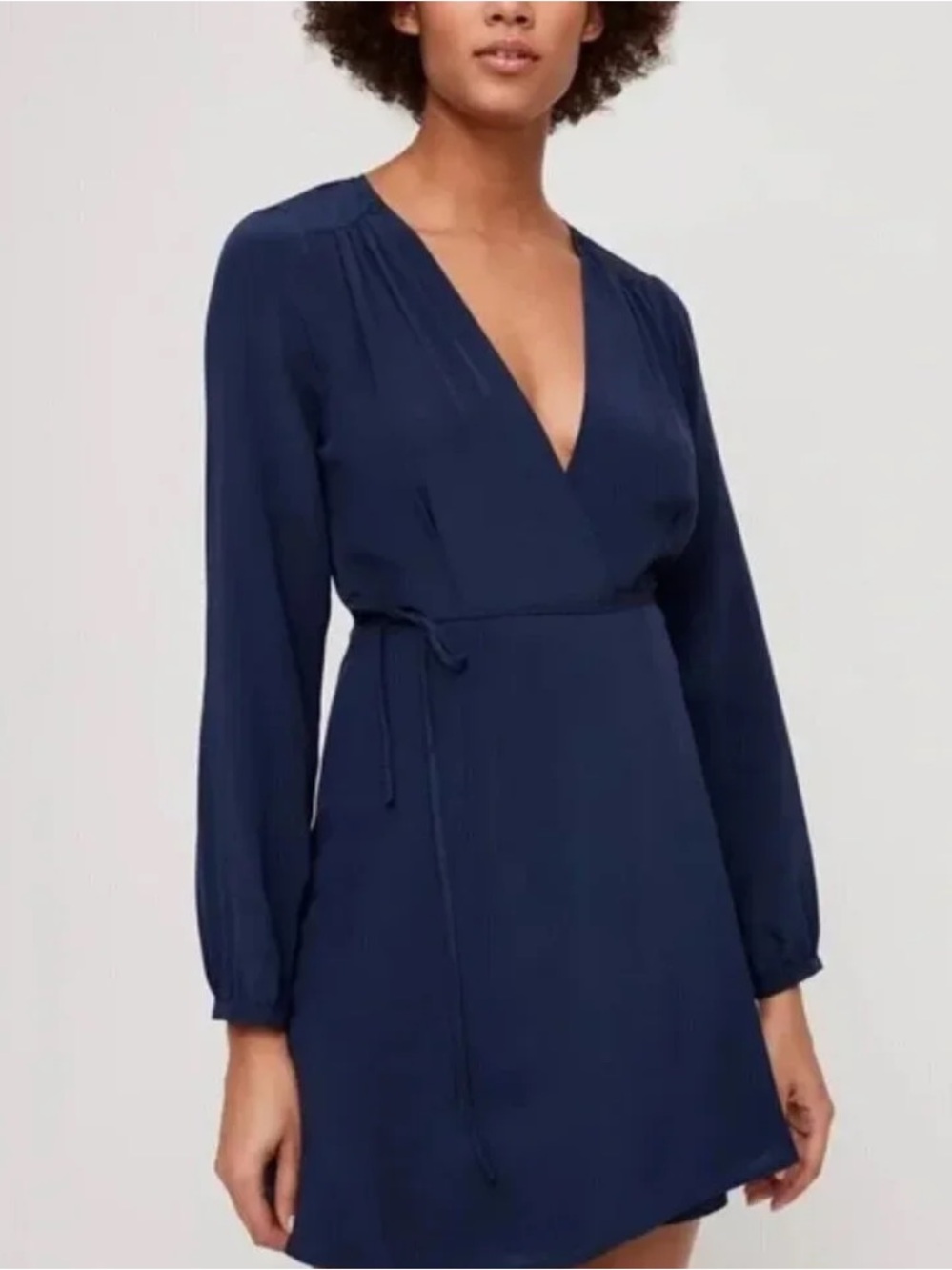Wilfred Navy Long-Sleeve Wrap Mini Dress 100% Silk Size XS